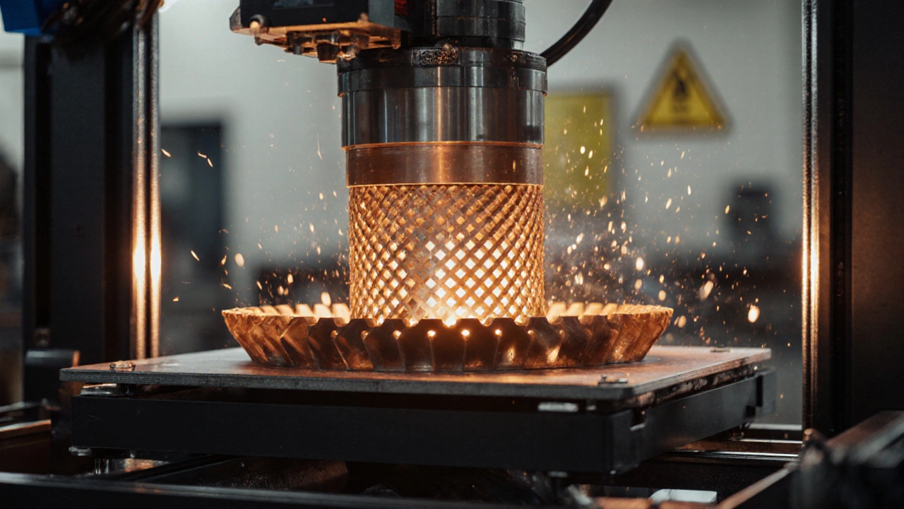 3D‑принтер печатает сложную металлическую деталь в промышленном помещении.