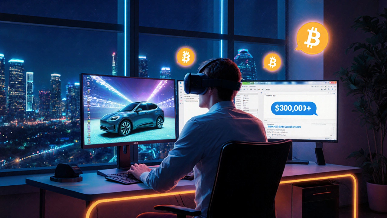 Фриланс‑модельер работает в ночном лофте, на мониторах VR‑сцена и клиентский чат.