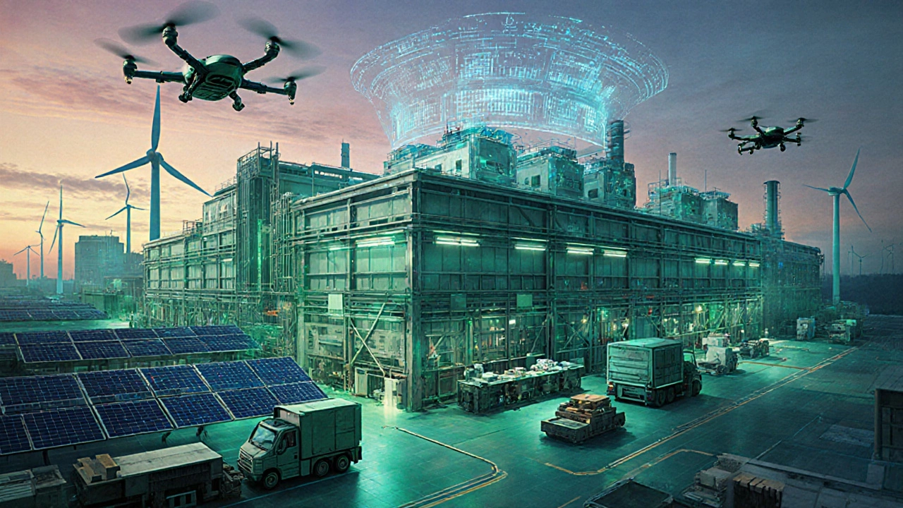 Футуристический завод с солнечными панелями, дронами и голограммами, символизирующий развитие.