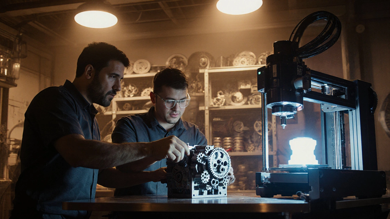 Готовый корпус gearbox проверяют инженеры рядом с CNC‑фрезой и 3D‑принтером.