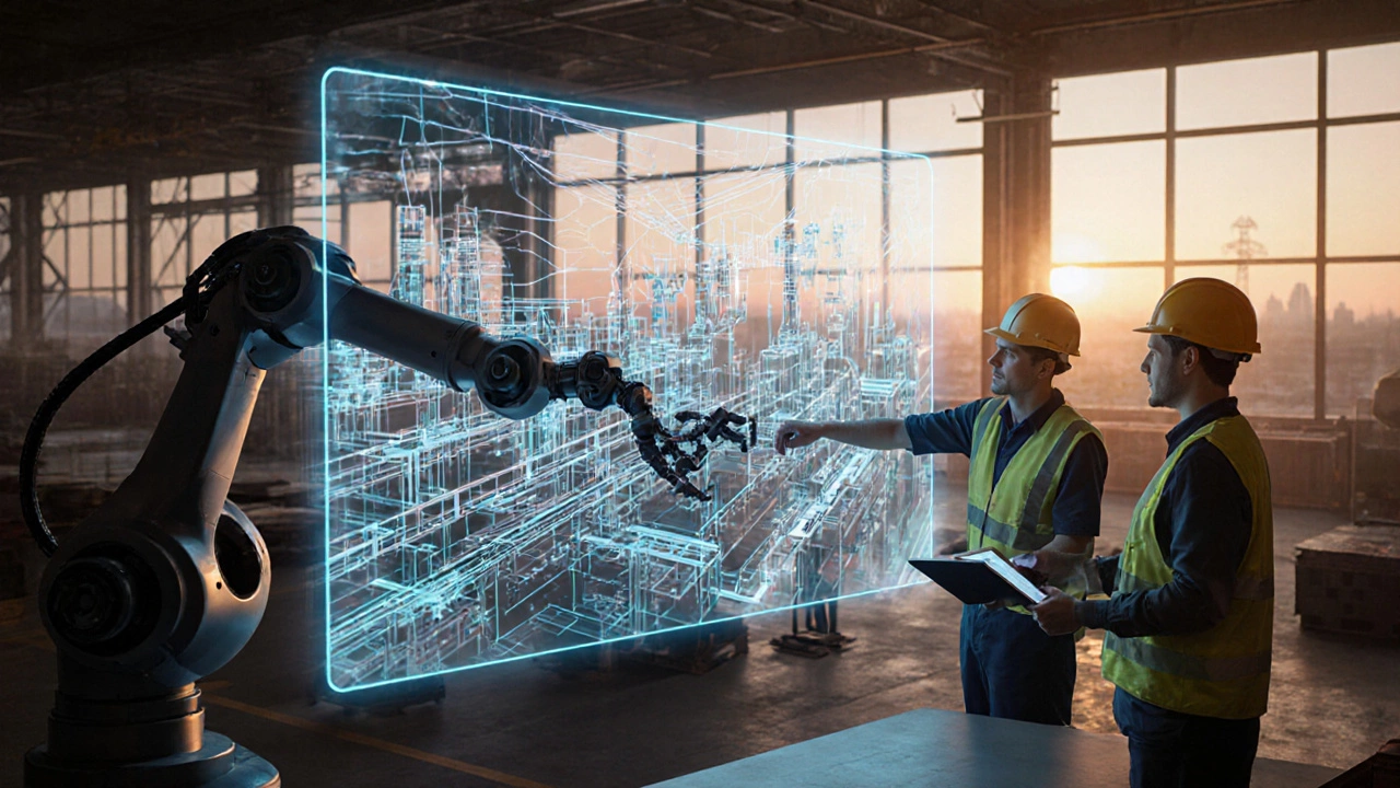 Инженеры наблюдают голограмму цифрового двойника производства, рядом работают роботы.