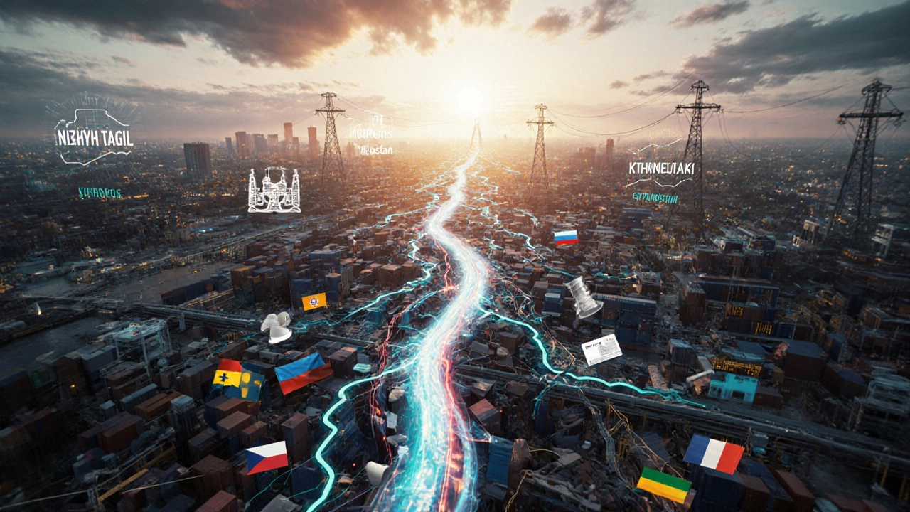 Концептуальное изображение промышленной сети России как живого организма с цифровыми потоками.