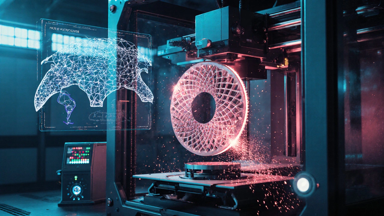 Металлический 3D‑принтер печатает сложную деталь, окружённый датчиками IoT и голограммами ИИ.