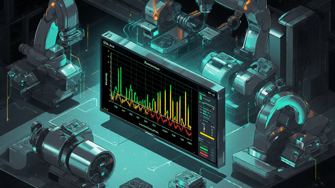 Оператор следит за графиками контроля процесса на экране в цехе.
