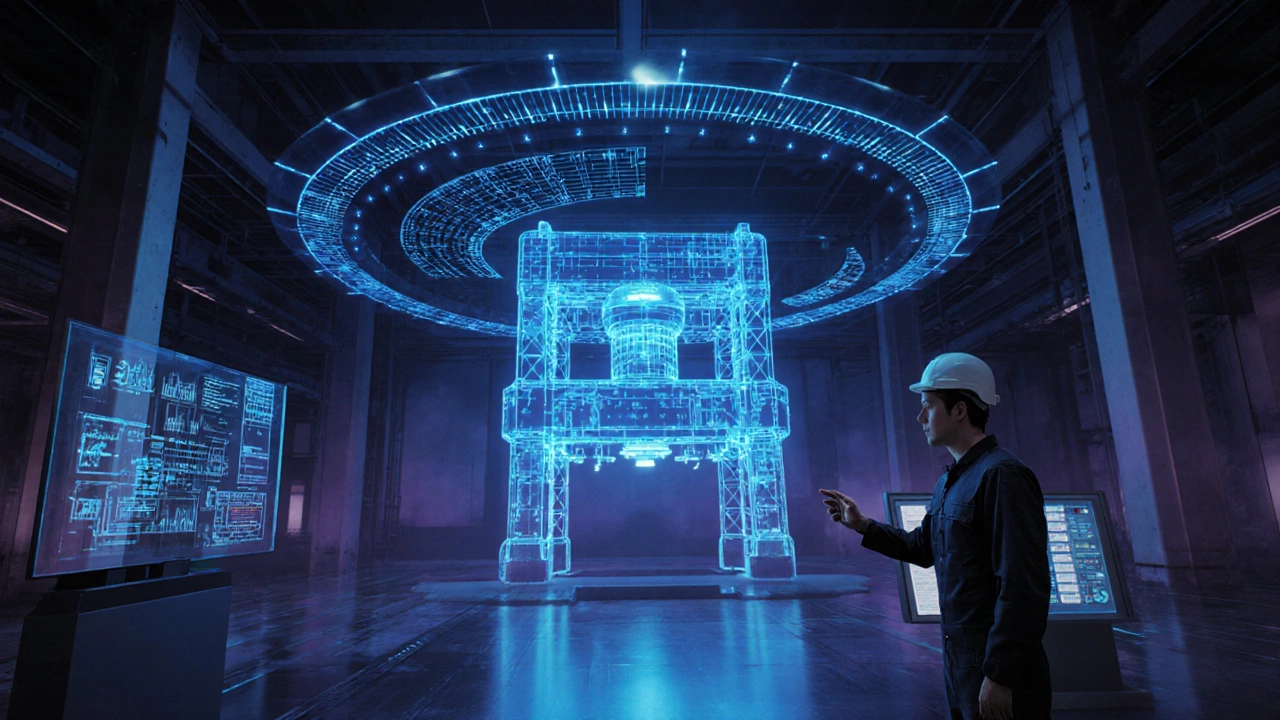 Оператор управляет цифровым двойником огромного станка в светлом умном цехе.