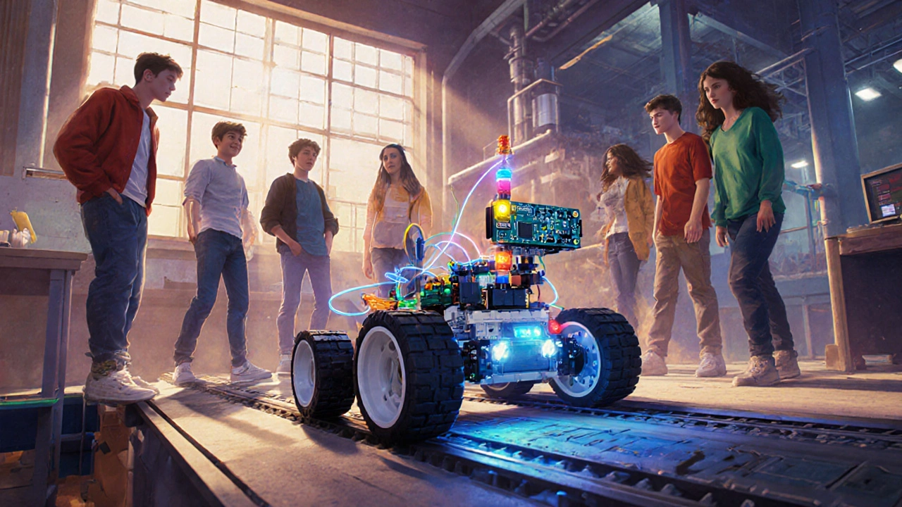Подростки работают над роботом LEGO Mindstorms с Arduino, робот движется в лаборатории.