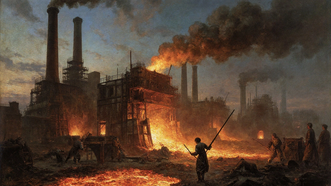 Разлив расплавленного железа на металлургическом заводе, рабочие в угольной пыли, яркие потоки расплава в темноте.