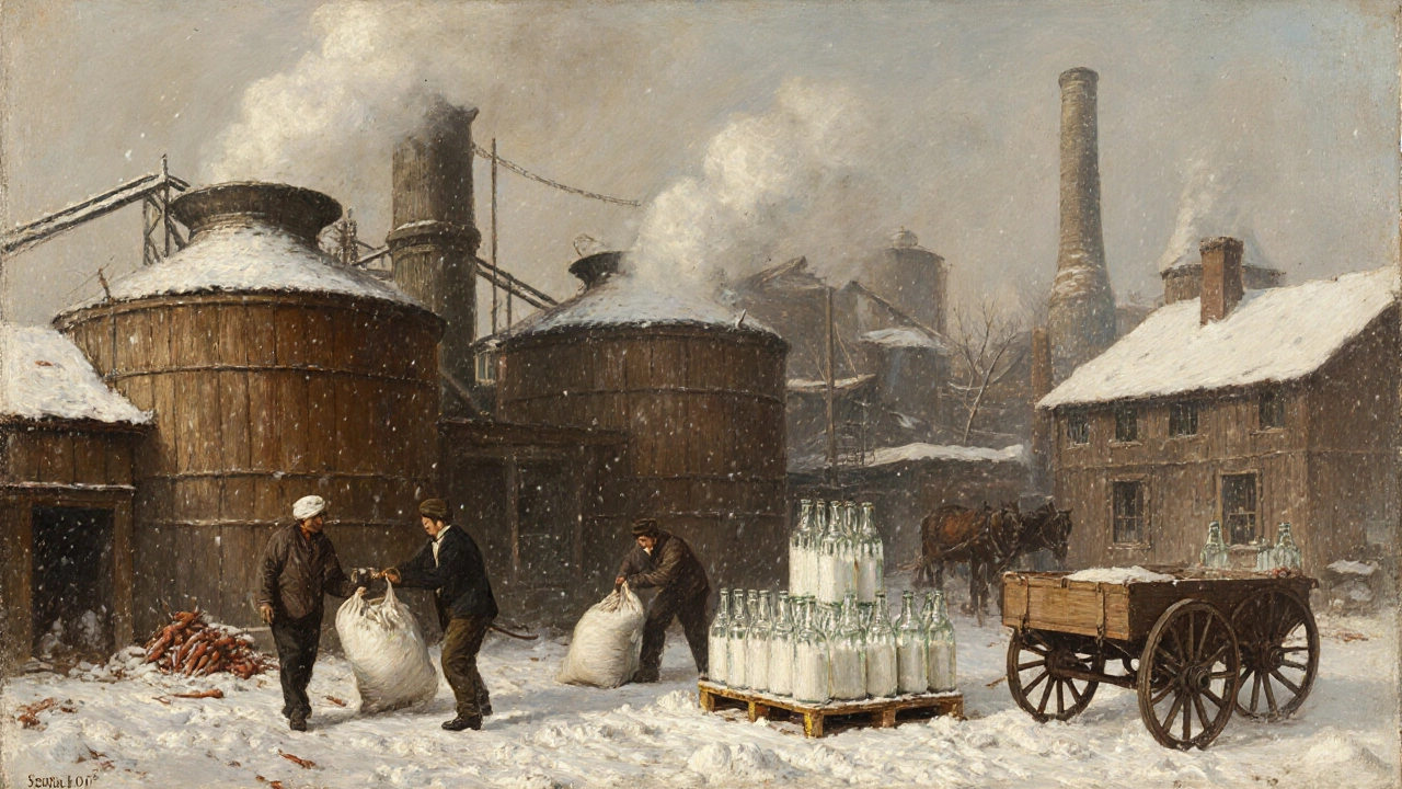 Сахарный завод в Польше зимой, рабочие с мешками свёклы, бочки и бутылки с белым сахаром у дверей.