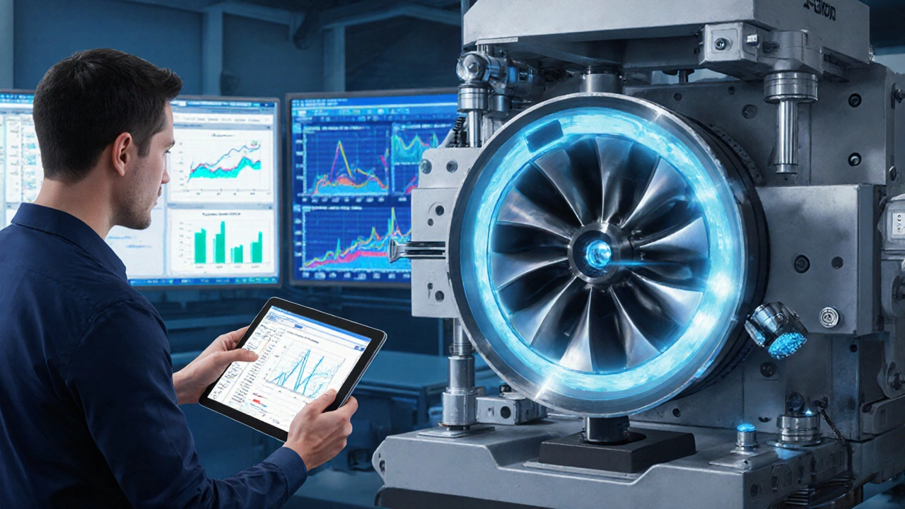 Турбинный лопатка измеряется, аналитик Six Sigma проверяет данные.