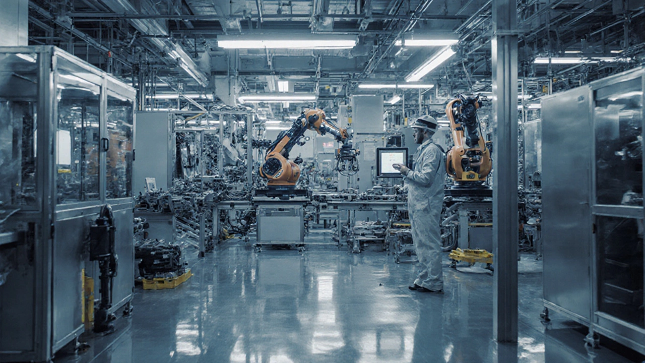 Внутренний вид современного завода: роботизированные руки, конвейеры и сотрудники у цифровых панелей.