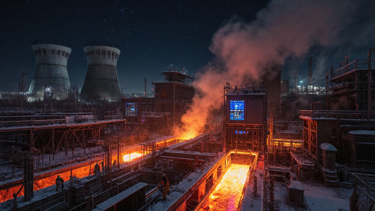 Алюминиевый завод в Красноярске ночью с раскалённым металлом и электротрансформаторами.