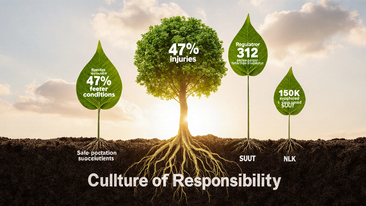 Дерево с корнями-столбами безопасности, символизирующее пять ключевых задач охраны труда на предприятии.