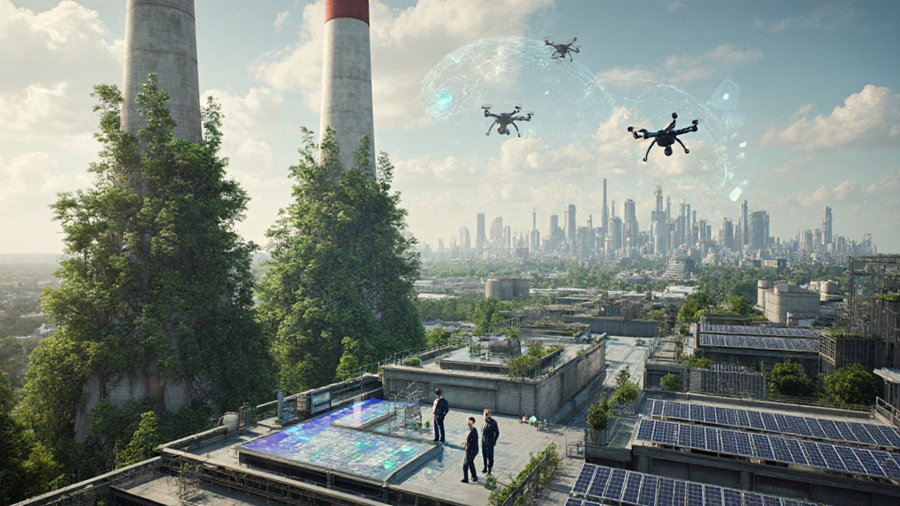 Футуристический завод, превращающийся в экологичный центр: солнечные панели, вертикальные сады и сотрудники с ИИ-ассистентами.