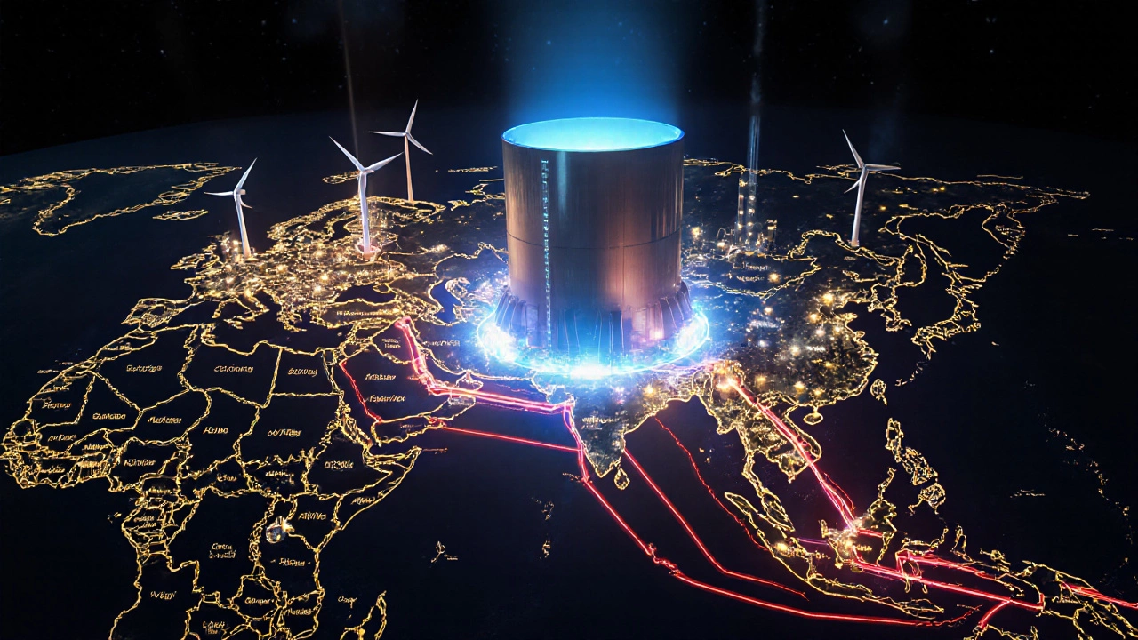 Гибридная энергетическая установка с атомным реактором и трубопроводами, символизирующая энергетическое превосходство России.