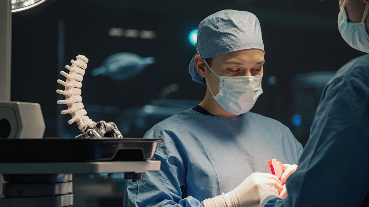 Хирургический робот выполняет операцию на сердце, рядом — 3D-печать индивидуального импланта.