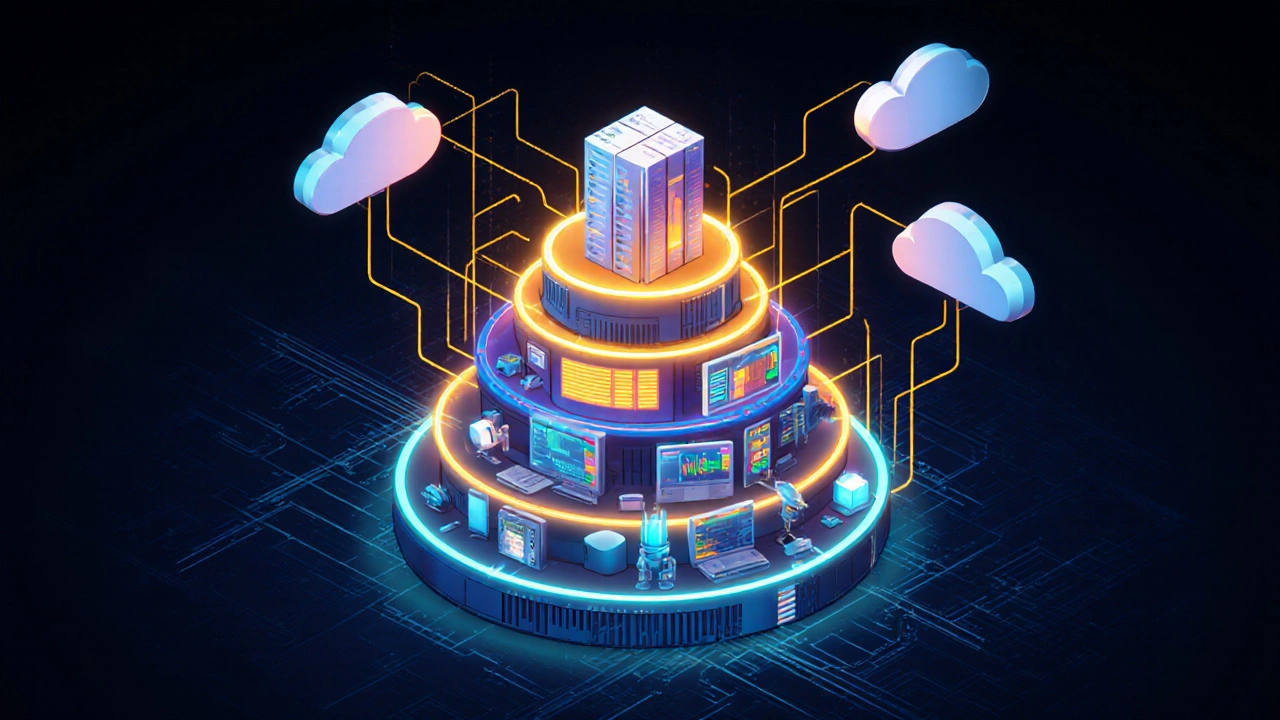 Иллюстрация пяти уровней промышленной автоматизации, соединённых световыми потоками.