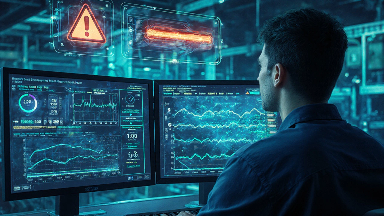 Инженер наблюдает за данными датчиков на цифровой панели в цеху.