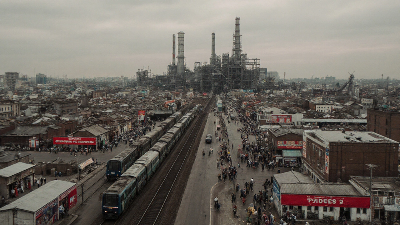 Промышленный город в Татарстане с заводом, рабочими и живым сообществом вокруг.