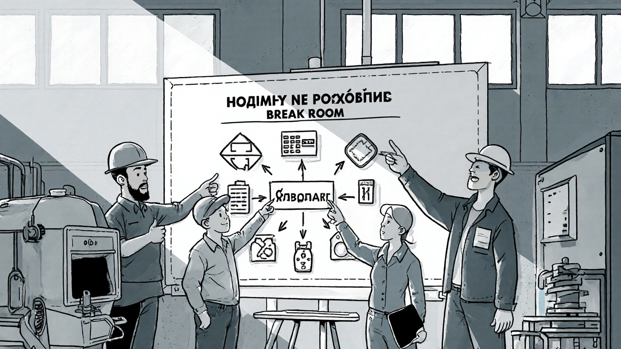 Рабочие разных отделов обсуждают предотвращённые дефекты на доске в цеху.