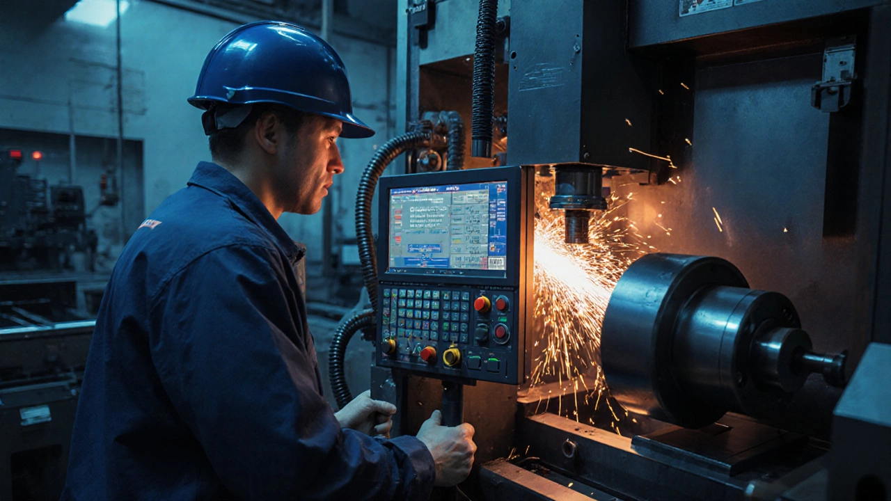 Рабочий наблюдает за остановкой станка с ЧПУ из-за отклонения вибрации.