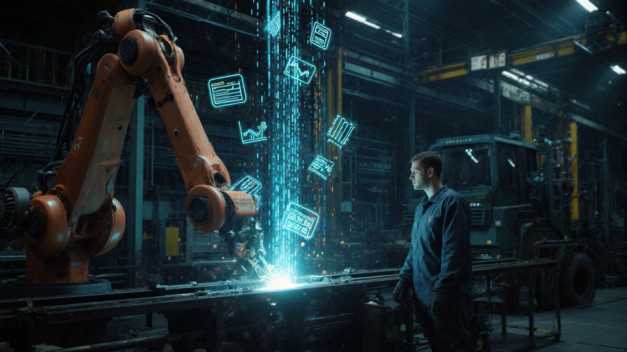 Рабочий стоит рядом с потоком данных от сварочных роботов, символизирующих точность и анализ.