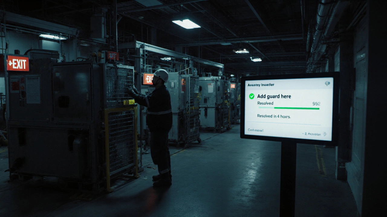 Рабочий устанавливает ограждение на станке ночью, а на планшете видно, что его предложение по безопасности уже выполнено.