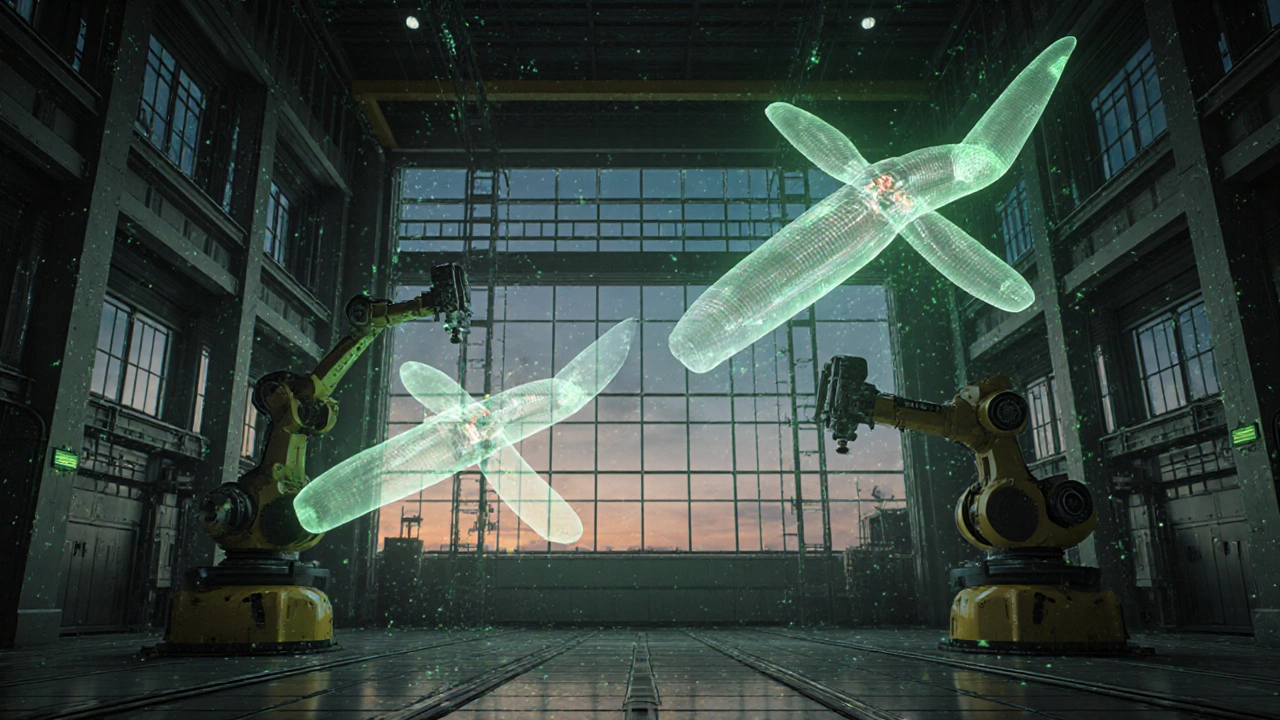 Роботы собирают лопасти ветряной турбины, рядом — цифровые двойники с симуляциями нагрузок.