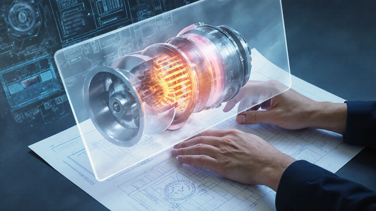Рука держит чертеж турбины, над ней — голографическая картина внутренних напряжений от ошибки термообработки.