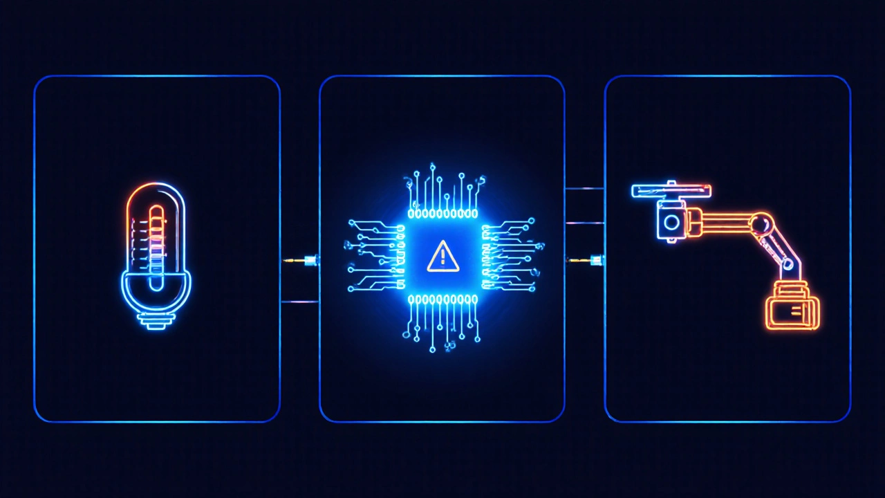 Схема автоматизации: датчик, логика и исполнительное устройство, соединённые светящимися линиями.