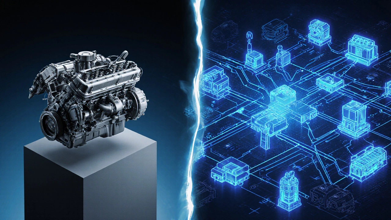 Слева — готовый двигатель, справа — схема технологических процессов: станки, термообработка, цифровые системы.