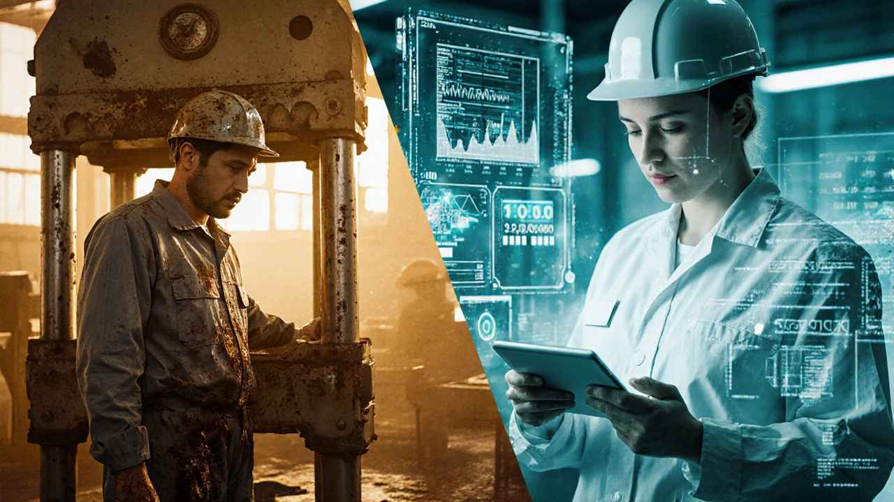 Сравнение труда: в прошлом — усталый рабочий у станка, сегодня — специалист с планшетом в чистой зоне.