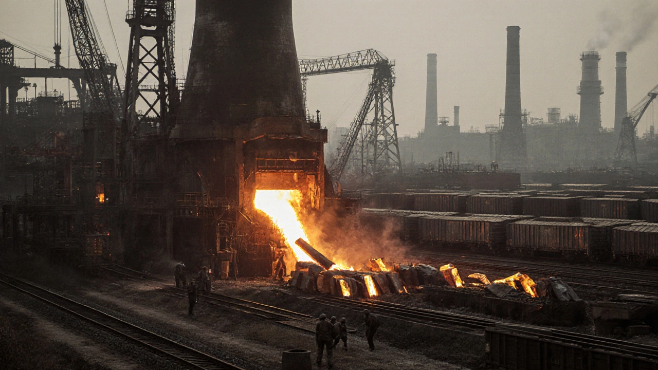 Сталелитейный завод в Магнитогорске с разливом расплавленной стали и железнодорожными вагонами.