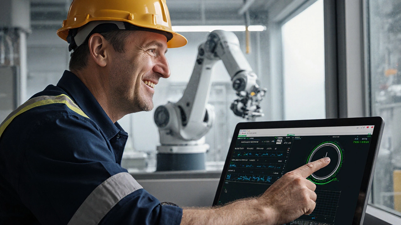 Техник в контрольной комнате анализирует данные предиктивного обслуживания на экране.