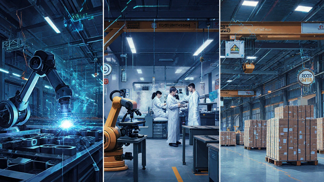 Внутренняя структура промышленного предприятия: производство, контроль качества и логистика, соединённые цифровыми потоками данных.