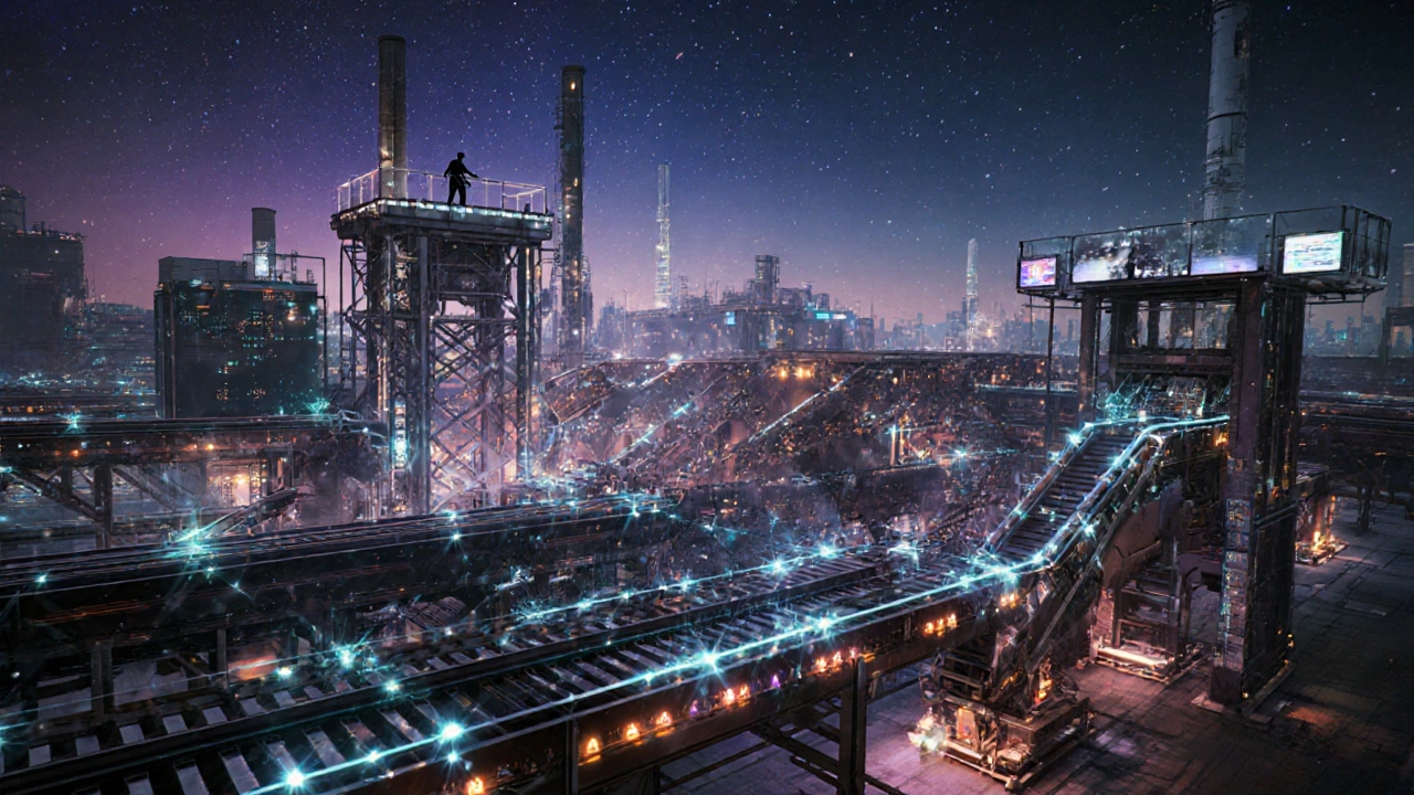 Завод как живой организм: данные светятся, роботы работают в ритме, люди управляют процессом из центра.