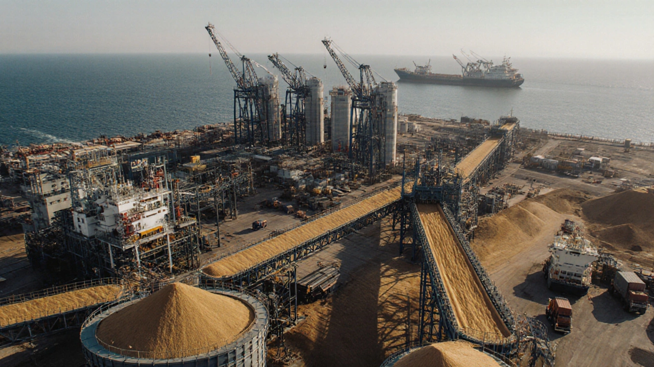 Зерновой терминал на Чёрном море с конвейерами и грузовыми судами.