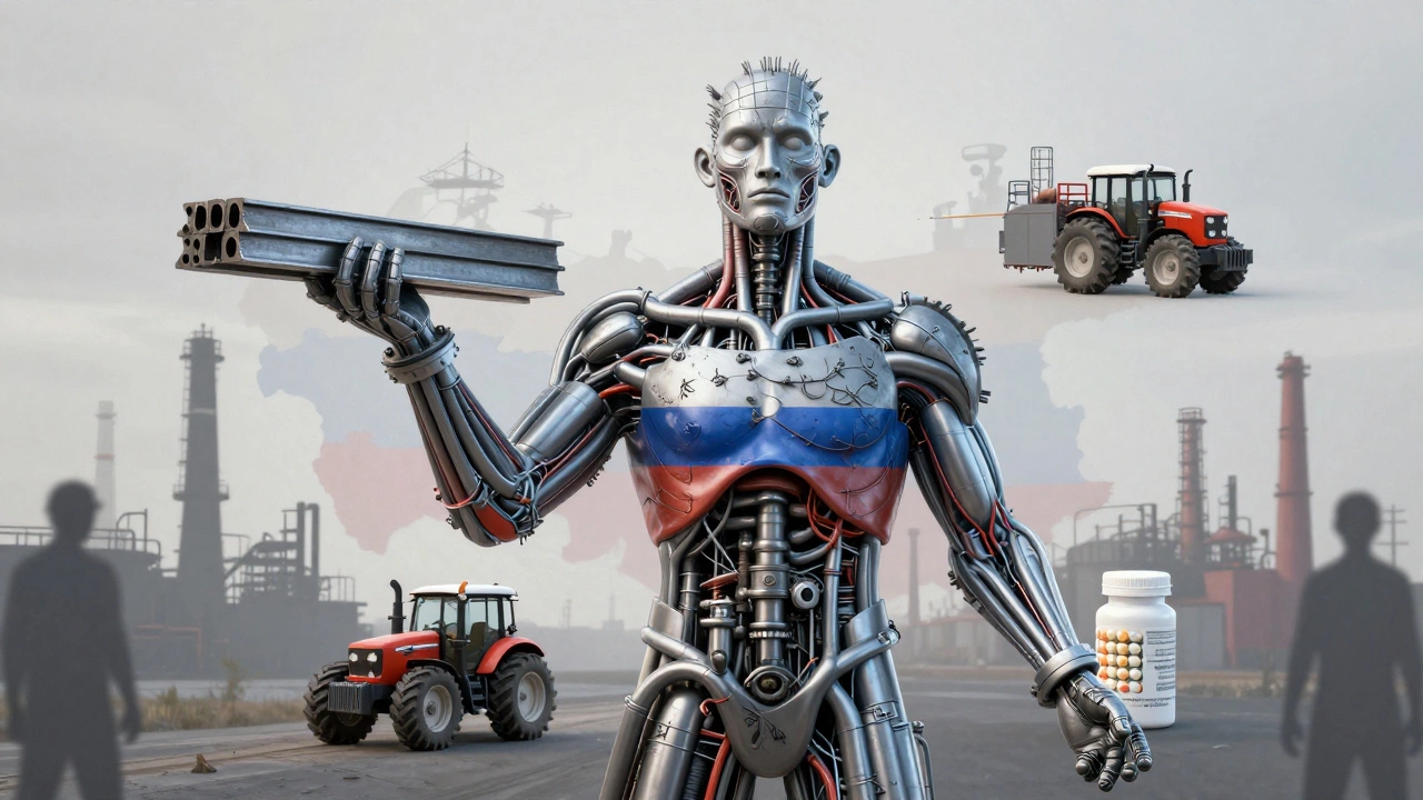 Человекообразная Россия с венами из труб и мышцами из заводов, держащая экспортные товары в руках.