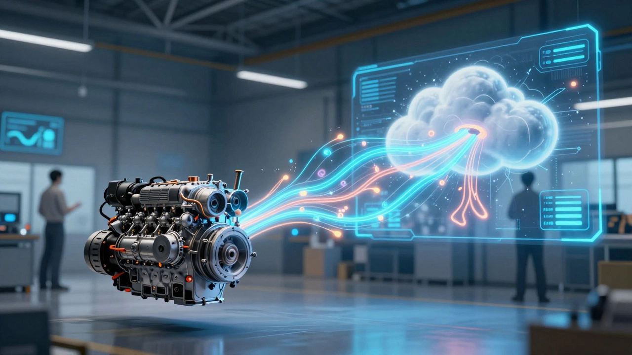 Цифровой двойник двигателя, соединённый с реальным агрегатом потоками данных.