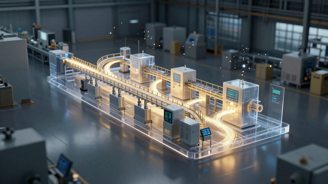 Цифровой двойник производственной линии в виде голографической модели над реальными станками.