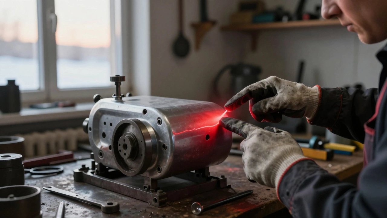 Деталь трактора меняет цвет при износе, механик указывает на красную линию, утро в мастерской.