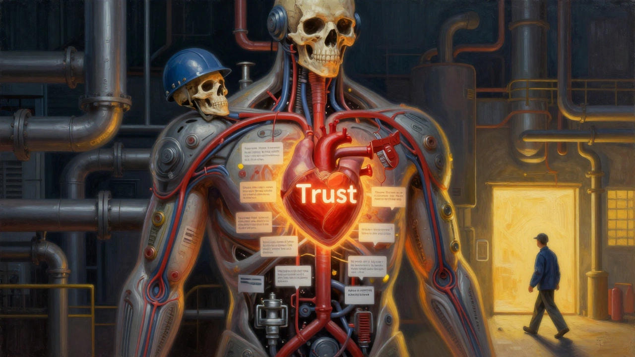 Фабрика как живое существо с сердцем доверия и потоком сообщений о рисках.