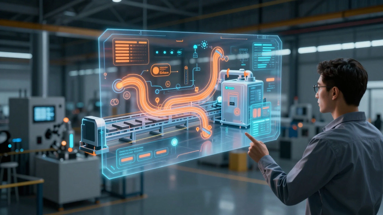 Голографическая цифровая копия производственной линии над реальным заводом.