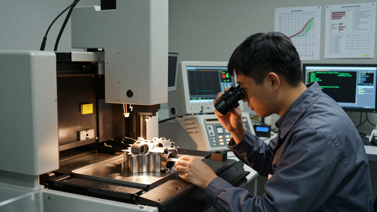 Инженер анализирует стружку от обработки металла под лупой в лаборатории с координатно-измерительной машиной на фоне.