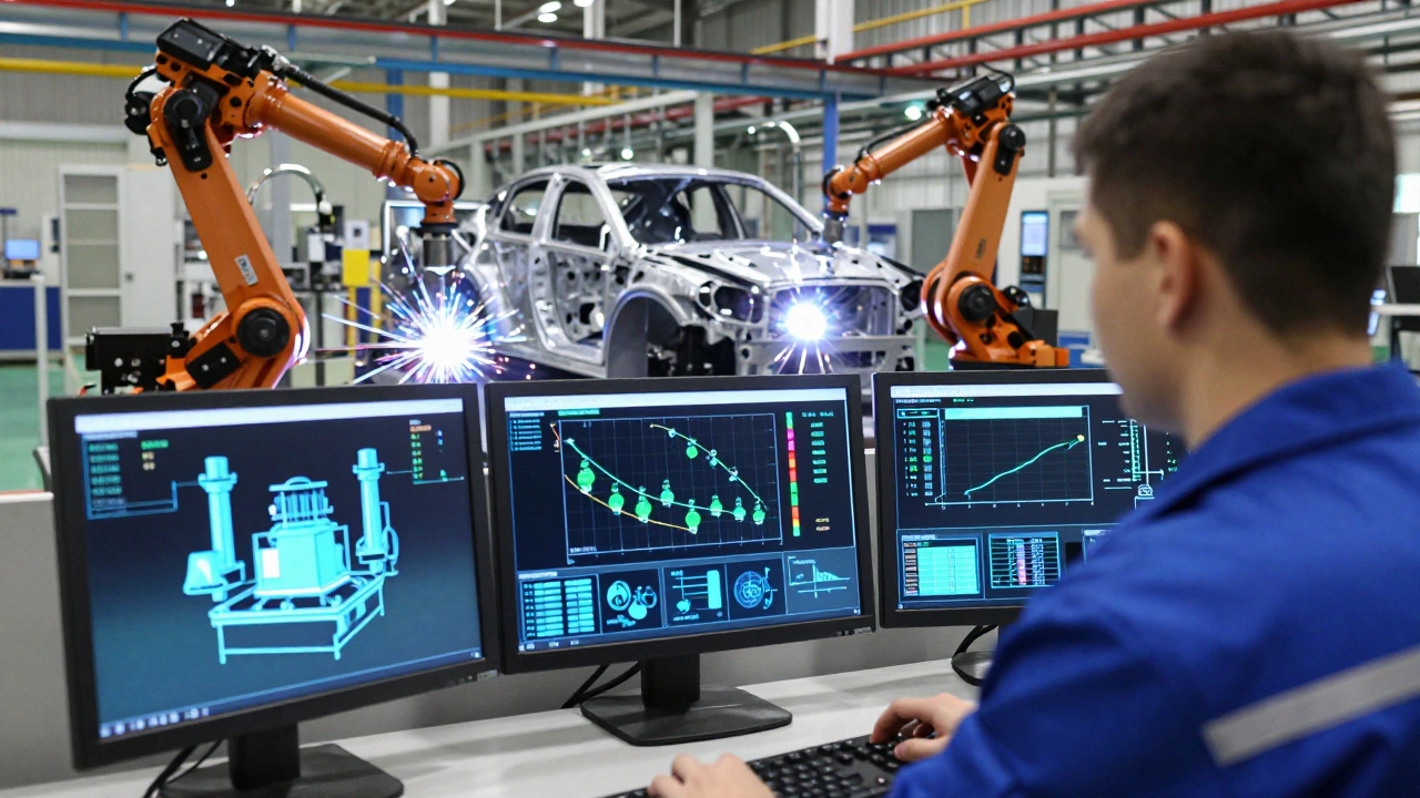 Инженер в центре управления следит за цифровыми панелями, а за ним — роботы сваривают автосборку.