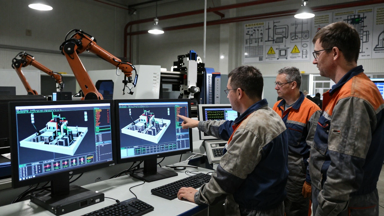 Инженеры наблюдают за цифровыми панелями управления на современном производстве.