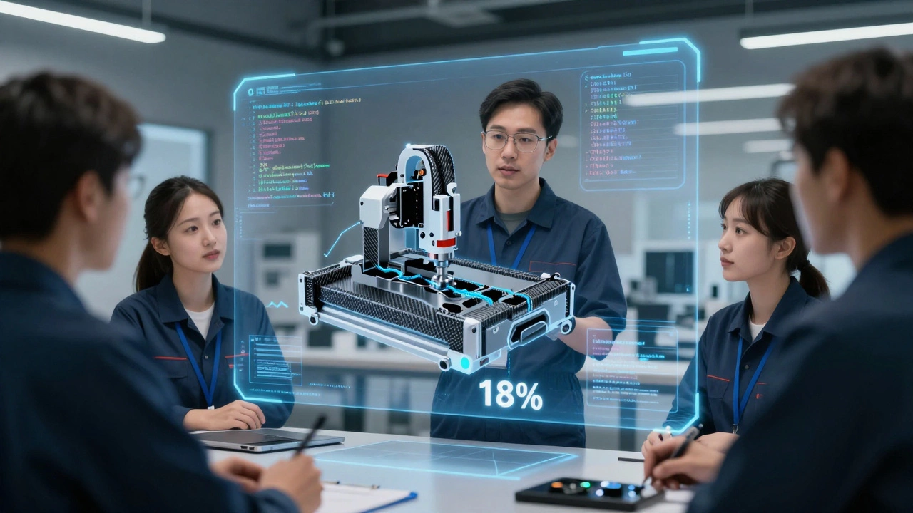 Команда инженеров смотрит на голографическую симуляцию оптимизированного маршрута резания на производстве.
