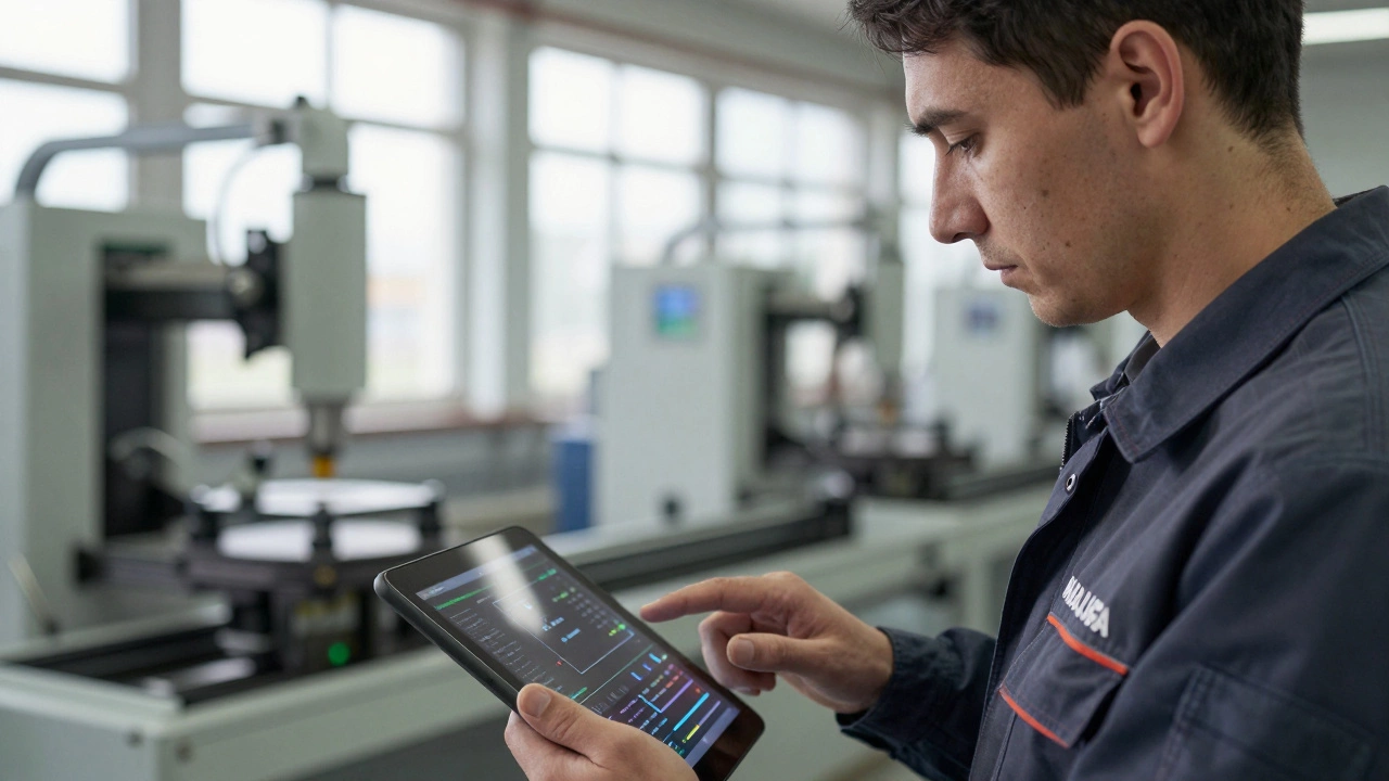 Оператор данных анализирует информацию на планшете среди автоматизированных линий.