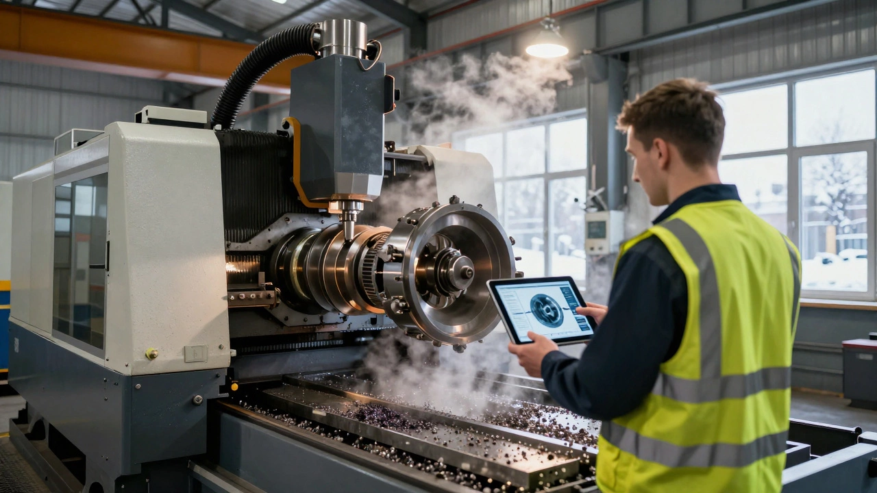 Опытный моделлер наблюдает за обработкой турбинного ротора на ЧПУ станке в цеху.