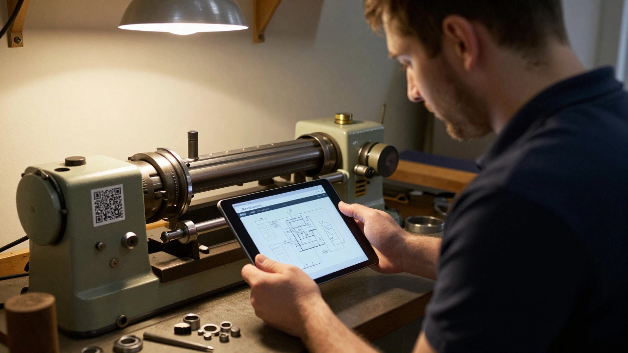 Рабочий сканирует QR-код на станке, чтобы получить цифровую инструкцию на планшете.