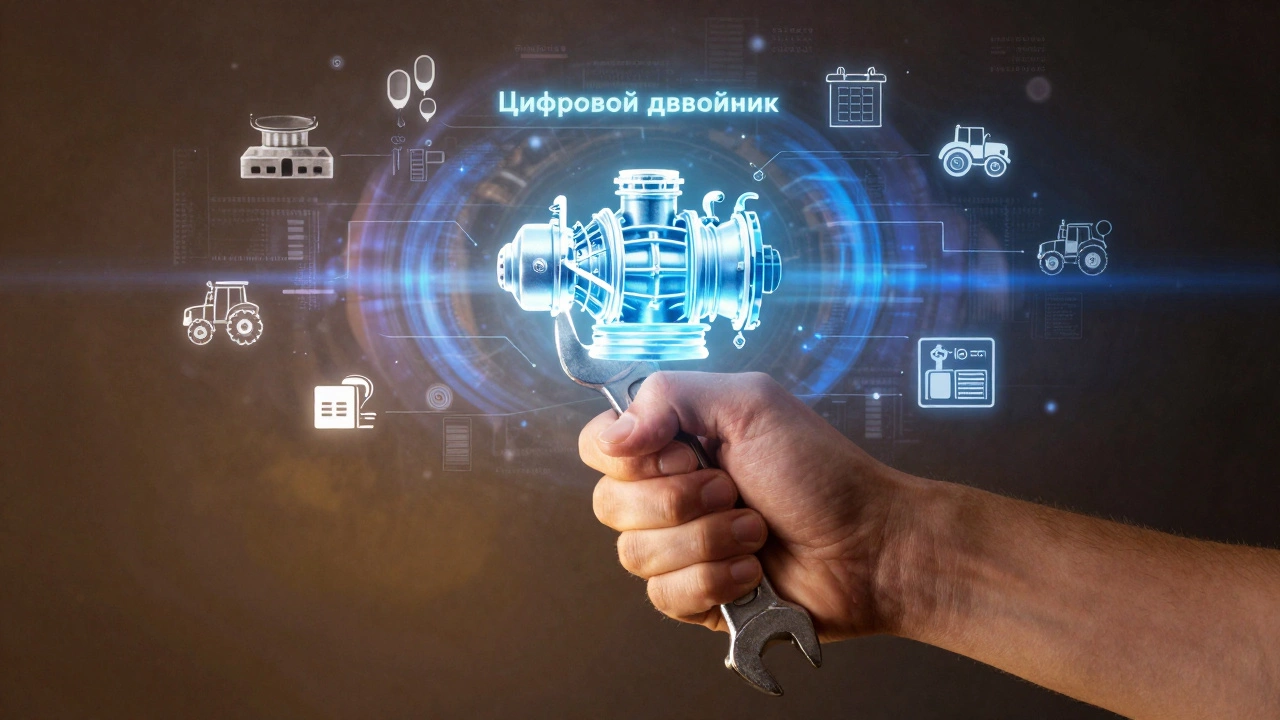 Рука держит гаечный ключ рядом с цифровой моделью газовой турбины.